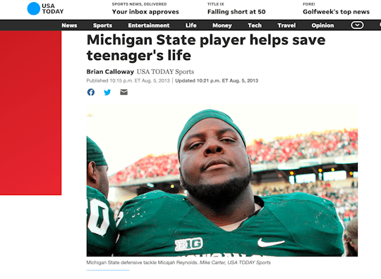 USA Today feature about Caj Reynolds helping save a teenager's life